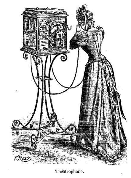 Gravure représentant une femme utilisant un Théâtrophone